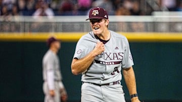 Jun 17, 2024; Omaha, NE, USA; Texas A&M Aggies pitcher Josh Stewart (34) reacts after defeating the Kentucky Wildcats at Charles Schwab Field Omaha. Mandatory Credit: Dylan Widger-Imagn Images