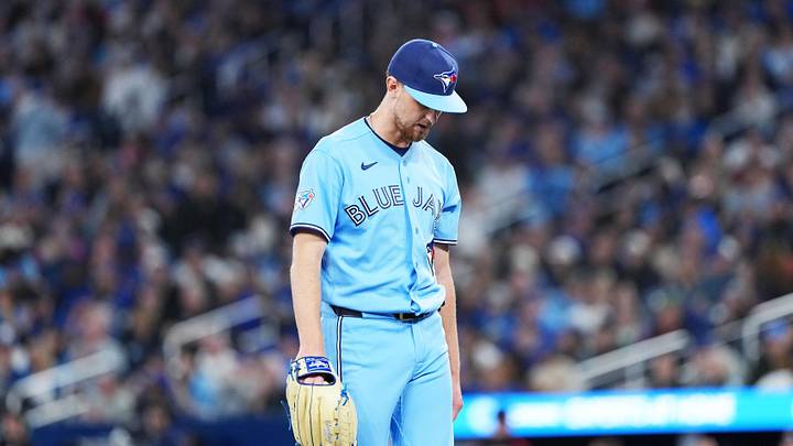 Apr 11, 2026; Toronto, Ontario, CAN; Toronto Blue Jays starting pitcher Eric Lauer (56) walks towards the dugout against the Minnesota Twins during the third inning at Rogers Centre. Mandatory Credit: Nick Turchiaro-Imagn Images