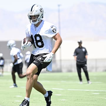 Jun 10, 2025; Henderson, NV, USA; Las Vegas Raiders wide receiver Jack Bech (18) runs a drill during Las Vegas Raiders Minicamp at Intermountain Health Performance Center. Mandatory Credit: Candice Ward-Imagn Images