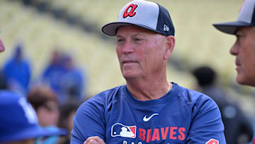 Apr 1, 2025; Los Angeles, California, USA;  Atlanta Braves manager Brian Snitker (43) looks on prior to the game against the Los Angeles Dodgers at Dodger Stadium. Mandatory Credit: Jayne Kamin-Oncea-Imagn Images