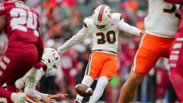 Sep 23, 2023; Philadelphia, Pennsylvania, USA;  Miami Hurricanes place kicker Andres Borregales (30) kicks an extra point in the first quarter against the Temple Owls at Lincoln Financial Field. Mandatory Credit: Andy Lewis-USA TODAY Sports