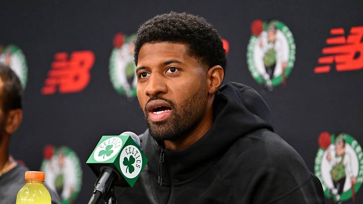 September 15, 2026; Boston, Massachusetts, USA; Boston Celtics forward Paul George (13) speaks during a press conference at The Auerbach Center at Boston Landing. Mandatory Credit: Eric Canha-Imagn Images