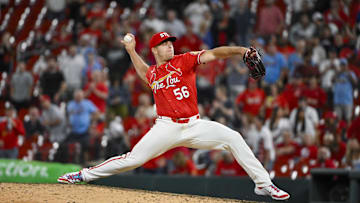 Apr 25, 2025; St. Louis, Missouri, USA;  St. Louis Cardinals relief pitcher Ryan Helsley (56) pitches against the Milwaukee Brewers during the ninth inning at Busch Stadium. Mandatory Credit: Jeff Curry-Imagn Images