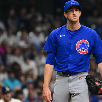 May 29, 2024; Milwaukee, Wisconsin, USA; Chicago Cubs relief pitcher Kyle Hendricks (28) looks on after retiring a batter in the sixth inning against the Milwaukee Brewers at American Family Field.