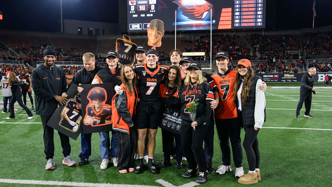 Nov 8, 2025; Corvallis, Oregon, USA; Oregon State Beavers wide receiver Trent Walker (7) and his family are recognized during senior ceremonies before the game against the Sam Houston Bearkats at Reser Stadium. Mandatory Credit: Craig Strobeck-Imagn Images