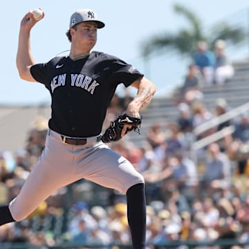 Mar 11, 2025; Bradenton, Florida, USA;  New York Yankees starting pitcher Cam Schlittler (76) throws a pitch during the second inning against the Pittsburgh Pirates at LECOM Park. Mandatory Credit: Kim Klement Neitzel-Imagn Images
