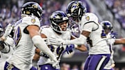 Nov 9, 2025; Minneapolis, Minnesota, USA; Baltimore Ravens safety Keondre Jackson (39) and linebacker Teddye Buchanan (40) and safety Malaki Starks (24) react to a fumble recovery during the third quarter against the Minnesota Vikings at U.S. Bank Stadium. Mandatory Credit: Jeffrey Becker-Imagn Images