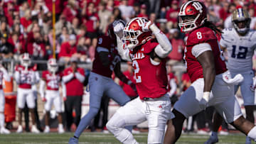 Oct 26, 2024; Bloomington, Indiana, USA; Indiana Hoosiers linebacker Jailin Walker (2) celebrates a sack during the first quarter against the Washington Huskies at Memorial Stadium. Mandatory Credit: Jacob Musselman-Imagn Images
