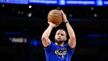 Oct 21, 2025; Los Angeles, California, USA; Golden State Warriors guard Stephen Curry (30) warms up prior to a game against the Los Angeles Lakers at Crypto.com Arena. Mandatory Credit: William Liang-Imagn Images