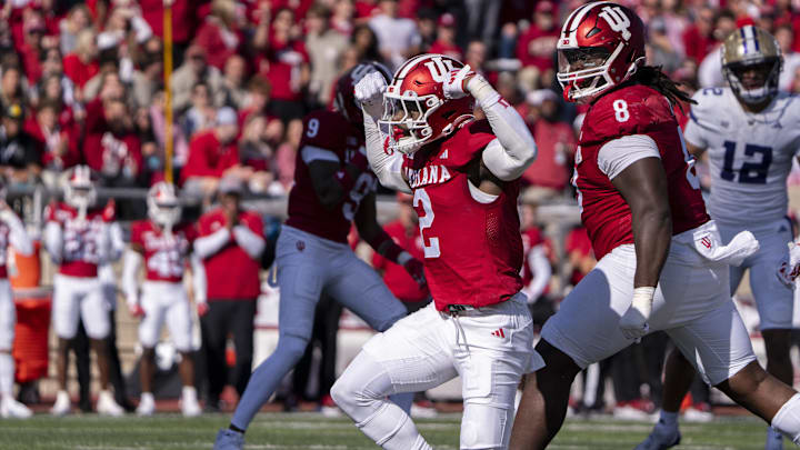 Oct 26, 2024; Bloomington, Indiana, USA; Indiana Hoosiers linebacker Jailin Walker (2) celebrates a sack during the first quarter against the Washington Huskies at Memorial Stadium. Mandatory Credit: Jacob Musselman-Imagn Images
