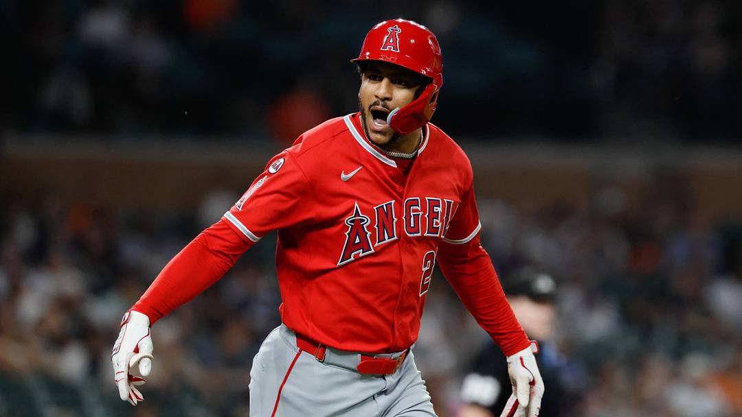 Los Angeles Angels left fielder Jose Siri (28) celebrates Los Angeles Angels left fielder Jose Siri (28) celebrates