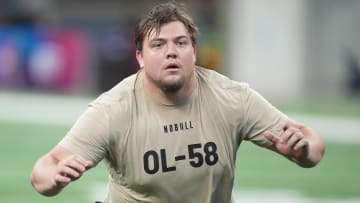 Mar 3, 2024; Indianapolis, IN, USA; Oregon offensive lineman Jackson Powers-Johnson (OL58) during the 2024 NFL Combine at Lucas Oil Stadium. Mandatory Credit: Kirby Lee-USA TODAY Sports