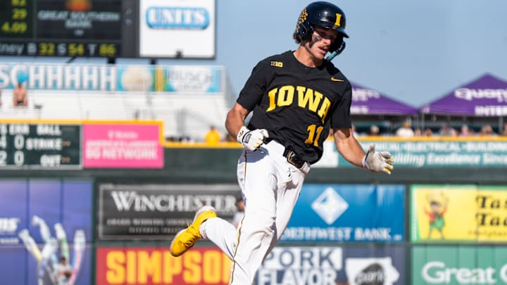 Iowa's Miles Risley rounds third base during game 2 of Iowa vs. Oregon State baseball at Principal Park on May 10, 2025, in Des Moines.