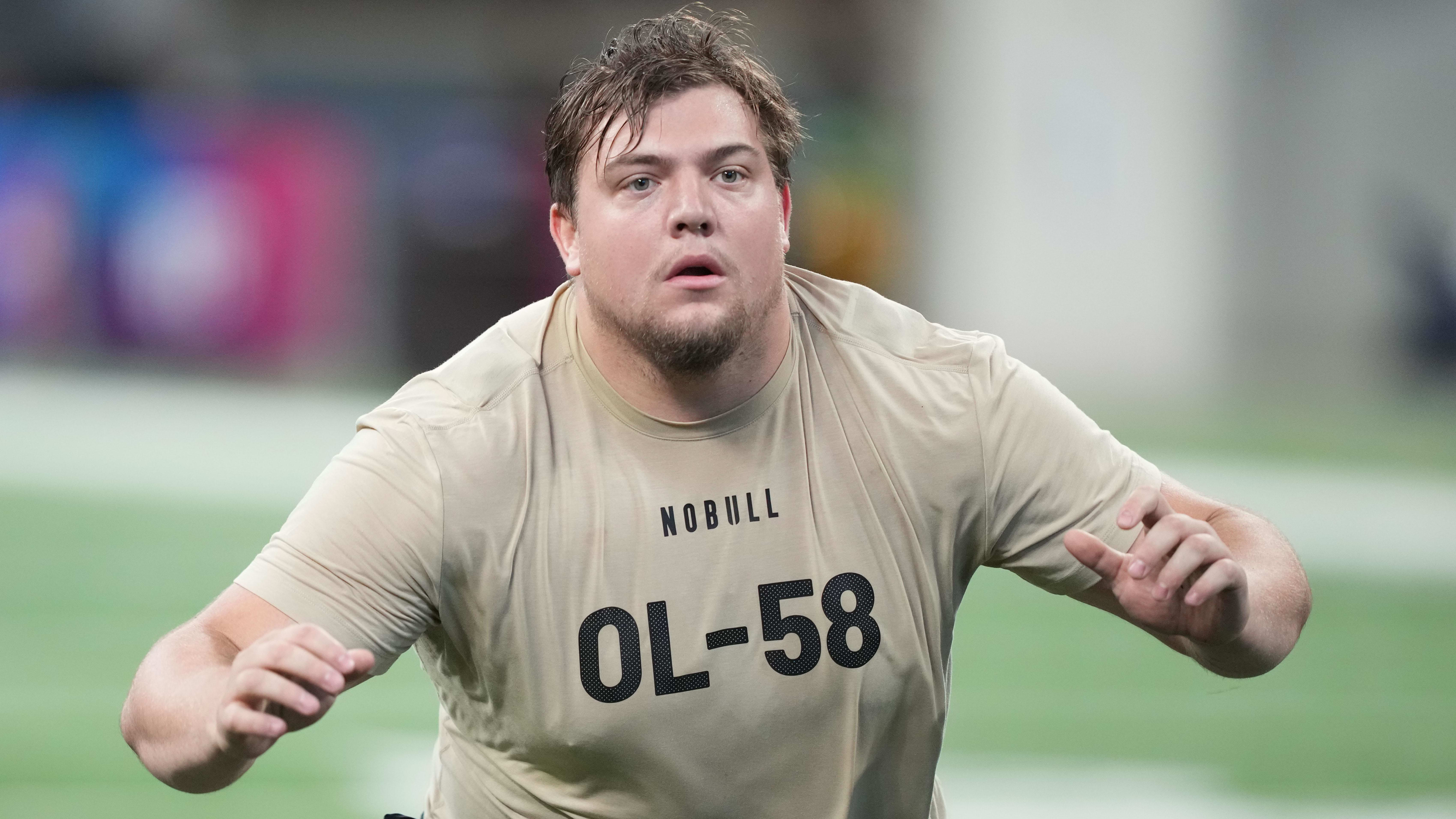 Oregon offensive lineman Jackson Powers-Johnson (OL58) during the NFL Scouting Combine.