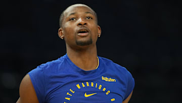 Dec 15, 2024; San Francisco, California, USA; Golden State Warriors forward Jonathan Kuminga (00) before the game against the Dallas Mavericks at Chase Center. Mandatory Credit: Darren Yamashita-Imagn Images
