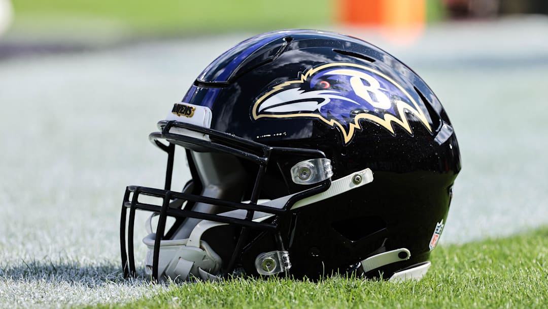 Oct 17, 2021; Baltimore, Maryland, USA; A general view of a Baltimore Ravens helmet on the field before the game against the Los Angeles Chargers at M&T Bank Stadium. Mandatory Credit: Vincent Carchietta-Imagn Images