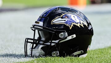 Oct 17, 2021; Baltimore, Maryland, USA; A general view of a Baltimore Ravens helmet on the field before the game against the Los Angeles Chargers at M&T Bank Stadium. Mandatory Credit: Vincent Carchietta-Imagn Images