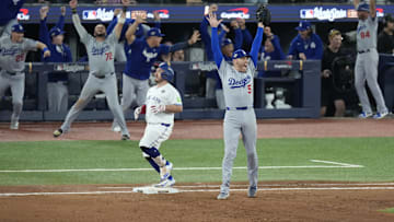 Nov 1, 2025; Toronto, Ontario, CAN; Los Angeles Dodgers first baseman Freddie Freeman (5) celebrates after defeating the Toronto Blue Jays in game seven of the 2025 MLB World Series at Rogers Centre. Mandatory Credit: Kevin Sousa-Imagn Images