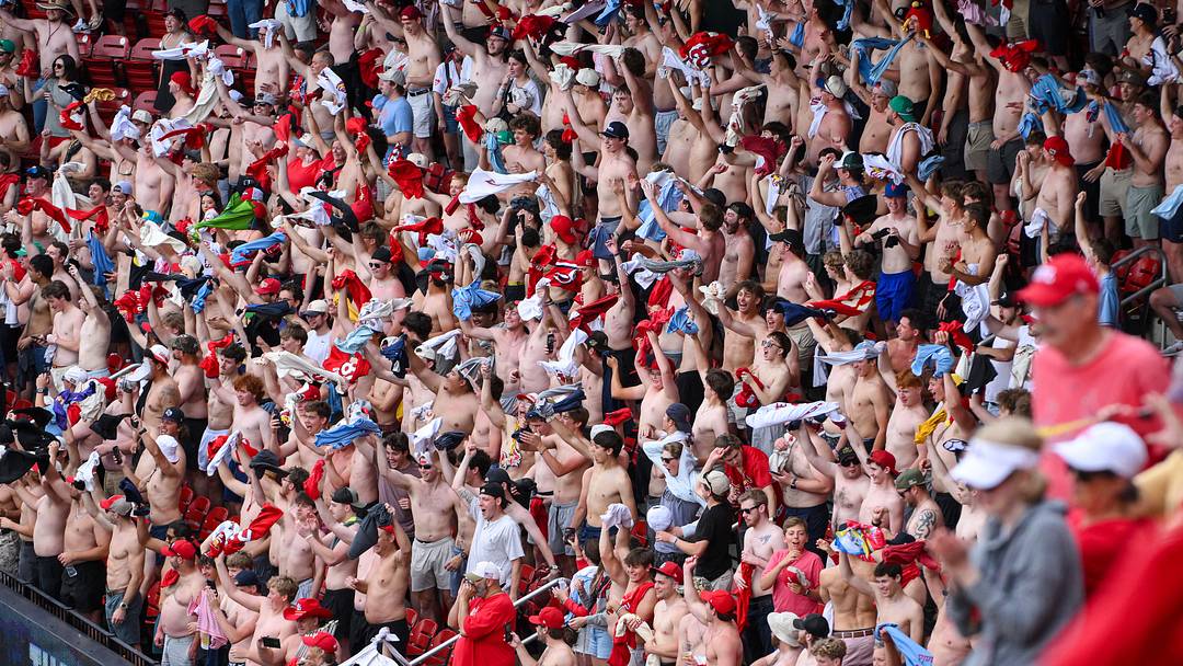 May 16, 2026; St. Louis, Missouri, USA; A section of shirtless fans celebrate after the St. Louis Cardinals defeated the Kansas City Royals at Busch Stadium. Mandatory Credit: Jeff Curry-Imagn Images
