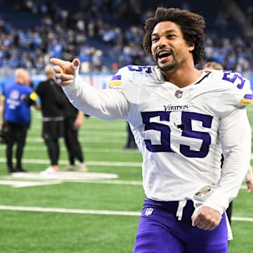 Nov 2, 2025; Detroit, Michigan, USA; Minnesota Vikings linebacker Eric Wilson (55) celebrates after the game against the Detroit Lions at Ford Field. Mandatory Credit: Lon Horwedel-Imagn Images