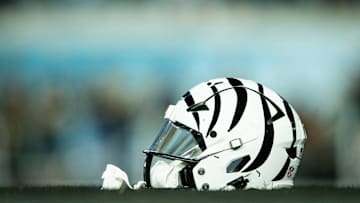 Dec 4, 2023; Jacksonville, Florida, USA;  Cincinnati Bengals helmet before the game against the Jacksonville Jaguars at EverBank Stadium. Mandatory Credit: Jeremy Reper-Imagn Images