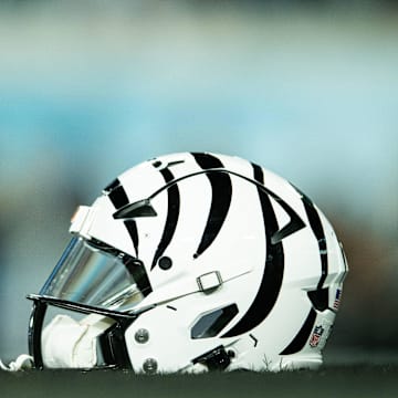 Dec 4, 2023; Jacksonville, Florida, USA;  Cincinnati Bengals helmet before the game against the Jacksonville Jaguars at EverBank Stadium. Mandatory Credit: Jeremy Reper-Imagn Images
