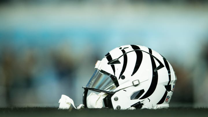 Dec 4, 2023; Jacksonville, Florida, USA;  Cincinnati Bengals helmet before the game against the Jacksonville Jaguars at EverBank Stadium. Mandatory Credit: Jeremy Reper-USA TODAY Sports