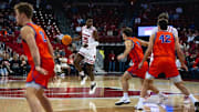 Wisconsin Badgers guard John Blackwell looks to drive against UW-Platteville in an exhibition game at the Kohl Center on October 29, 2025.