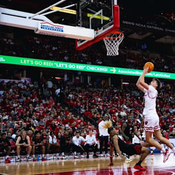 Wisconsin Badgers center Nolan Winter attempts a shot in the paint against Northern Illinois at the Kohl Center on November 7, 2025. Wisconsin won 97-72.