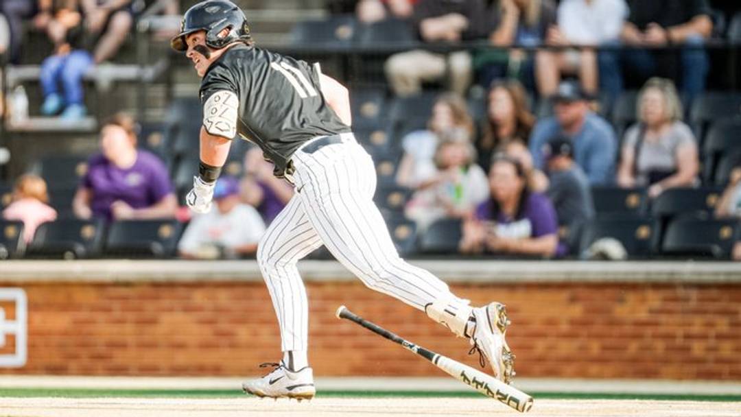 Wake Forest right fielder Luke Costello hits a sacrifice fly in Saturday's game against Western Carolina. His at-bat brought Javar Williams to the plate, making the score 7-1 in the bottom of the 7th. 