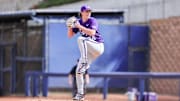 Trever Baumler prepares to deliver a pitch for the Frogs against San Diego. 