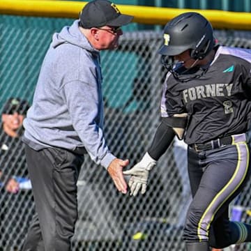Forney's Cailey Slade (2) rounds third base after one of the two home runs she hit in a 13-6 win over Longview on Apr. 7, 2025. A two-way star, Slade is one of the key players on a Lady Jackrabbits squad that's 34-2-1 and playing for the 6A Division 2 state championship this weekend. 