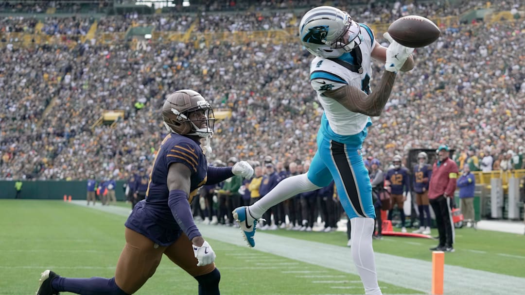 Carolina Panthers wide receiver Tetairoa McMillan is unable to catch a would-be touchdown while being covered by Green Bay Packers cornerback Nate Hobbs (21) during the second quarter of their game Sunday, November 2, 2025 at Lambeau Field in Green Bay, Wisconsin. Carolina Panthers wide receiver Tetairoa McMillan is unable to catch a would-be touchdown while being covered by Green Bay Packers cornerback Nate Hobbs (21) during the second quarter of their game Sunday, November 2, 2025 at Lambeau Field in Green Bay, Wisconsin.