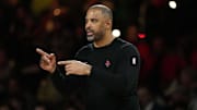 Dec 14, 2024; Las Vegas, Nevada, USA; Houston Rockets head coach Ime Udoka reacts during the first half against the Oklahoma City Thunder in a semifinal of the 2024 Emirates NBA Cup at T-Mobile Arena. Mandatory Credit: Kyle Terada-Imagn Images