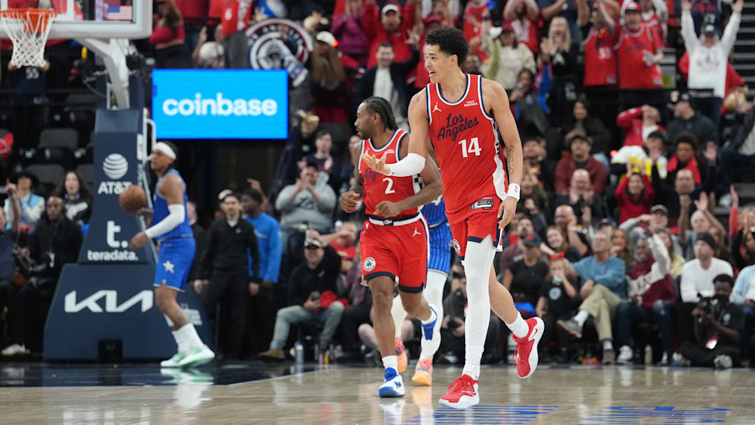 Feb 22, 2026; Inglewood, California, USA; LA Clippers center Yanic Konan Niederhauser (14) reacts against the Orlando Magic in the second half at Intuit Dome. Mandatory Credit: Kirby Lee-Imagn Images