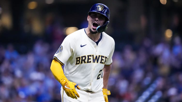 Aug 27, 2024; Milwaukee, Wisconsin, USA;  Milwaukee Brewers shortstop Willy Adames (27) celebrates after hitting a home run during the sixth inning against the San Francisco Giants at American Family Field. Mandatory Credit: Jeff Hanisch-USA TODAY Sports