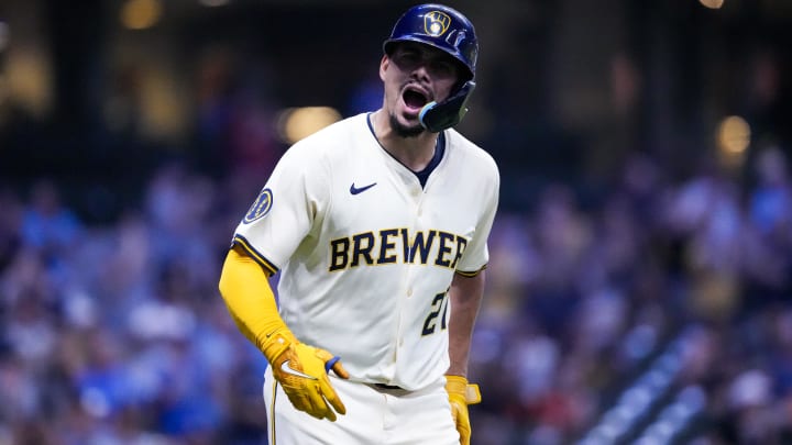 Aug 27, 2024; Milwaukee, Wisconsin, USA;  Milwaukee Brewers shortstop Willy Adames (27) celebrates after hitting a home run during the sixth inning against the San Francisco Giants at American Family Field. Mandatory Credit: Jeff Hanisch-USA TODAY Sports