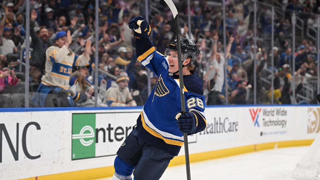 Apr 13, 2026; St. Louis, Missouri, USA; St. Louis Blues center Otto Stenberg (28) celebrates after scoring against the Minnesota Wild in the second period at Enterprise Center. Mandatory Credit: Joe Puetz-Imagn Images