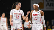 Washington Mystics guard Sonia Citron (22) chats with guard Brittney Sykes (20) after a time out against the Las Vegas Aces during the second quarter at EagleBank Arena.