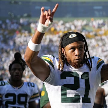Green Bay Packers cornerback Eric Stokes (21) celebrates as he leaves the field following the game against the Houston Texans.