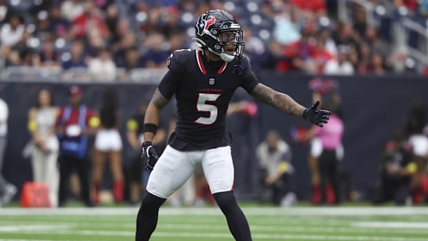 Houston Texans safety Jalen Pitre (5) in action during the game against the Carolina Panthers at NRG Stadium.