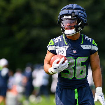 Jul 27, 2024; Renton, WA, USA; Seattle Seahawks running back George Holani (36) during training camp at Virginia Mason Athletic Center. Mandatory Credit: Steven Bisig-USA TODAY Sports