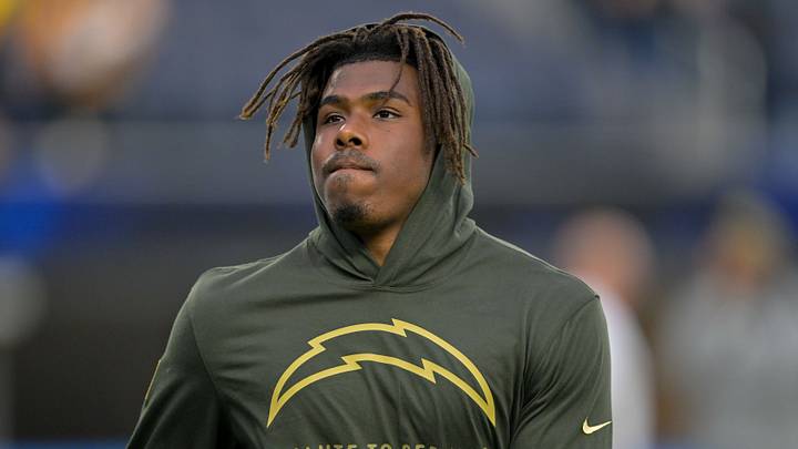 Nov 9, 2025; Inglewood, California, USA; Los Angeles Chargers safety RJ Mickens (27) warms up before the game against the Pittsburgh Steelers at SoFi Stadium. Mandatory Credit: Jayne Kamin-Oncea-Imagn Images