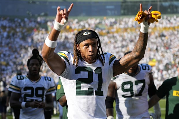 Green Bay Packers cornerback Eric Stokes (21) celebrates as he leaves the field following the game against the Houston Texans