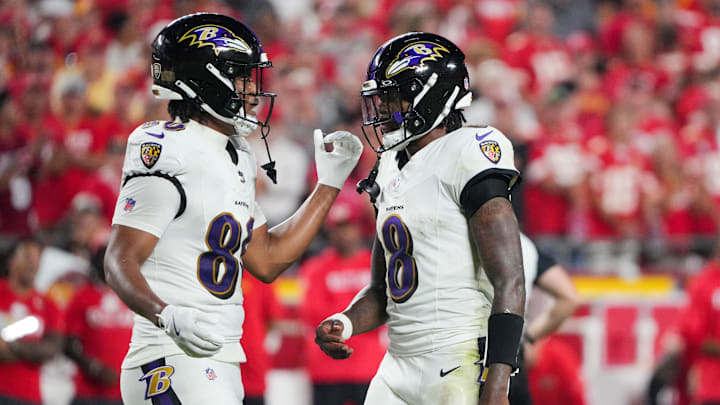 Baltimore Ravens tight end Isaiah Likely talks with quarterback Lamar Jackson after a play against the Kansas City Chiefs. Baltimore Ravens tight end Isaiah Likely talks with quarterback Lamar Jackson after a play against the Kansas City Chiefs.