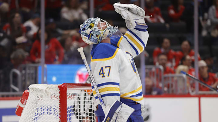 Mar 30, 2025; Washington, District of Columbia, USA; Buffalo Sabres goaltender James Reimer (47) celebrates after defeating the Washington Capitals at Capital One Arena. Mandatory Credit: Amber Searls-Imagn Images