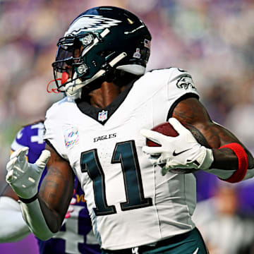 Oct 19, 2025; Minneapolis, Minnesota, USA; Philadelphia Eagles wide receiver A.J. Brown (11) makes a catch during the first half against the Minnesota Vikings at U.S. Bank Stadium. Mandatory Credit: Jeffrey Becker-Imagn Images