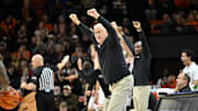 Jan 16, 2025; Corvallis, Oregon, USA; Oregon State Beavers head coach Wayne Tinkle calls a defense to his team during the first half against the Gonzaga Bulldogs at Gill Coliseum. Mandatory Credit: Craig Strobeck-Imagn Images