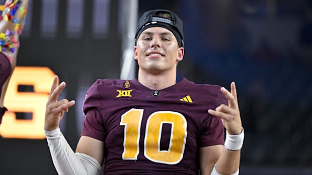 Arizona State Sun Devils quarterback Sam Leavitt (10) celebrates after the Sun Devils defeat the Iowa State Cyclones 