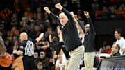 Jan 16, 2025; Corvallis, Oregon, USA; Oregon State Beavers head coach Wayne Tinkle calls a defense to his team during the first half against the Gonzaga Bulldogs at Gill Coliseum. Mandatory Credit: Craig Strobeck-Imagn Images